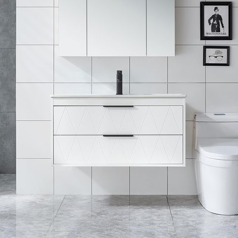 UEV Meuble sous Lavabo Suspendu 90cm, avec Lavabo en Céramique, Robinet, 2 Grands Tiroirs, Meuble Salle de Bain, Motif Ligne, Style Scandinave (Blanc, 90 x 45 x 46 cm)