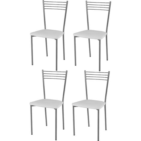 Tommychairs - Set 4 sedie modello Elena per cucina bar e sala da pranzo, struttura in acciaio verniciato color alluminio e seduta imbottita e rivestita in pelle artificiale colore bianco (1/5)