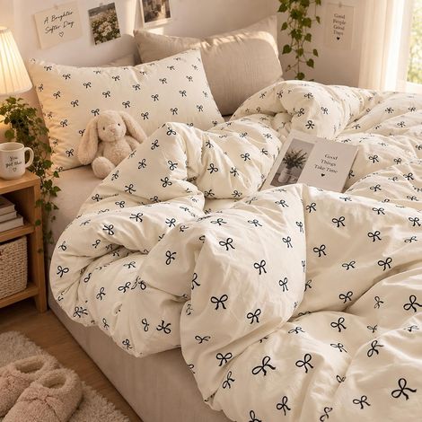 Parure de lit 135 x 200 cm pour fille avec nœuds noirs et blancs - En microfibre - Housse de couette avec fermeture éclair et 1 taie d'oreiller de 80 x 80 cm (1/5)
