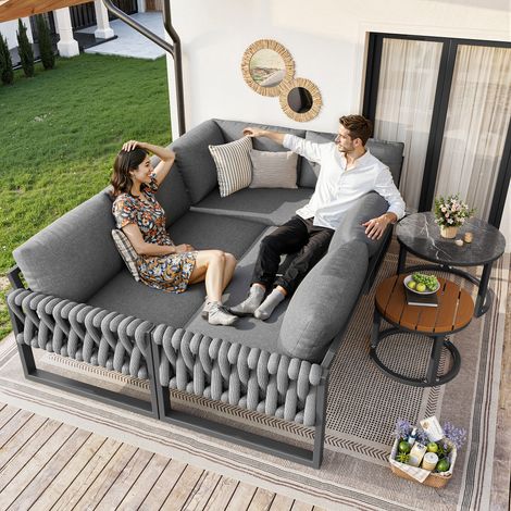 Ensemble jardin pieds réglables, coussins déperlants amovibles, lounge 5-6 personnes, modulable balcon jardin terrasse, coussins inclus, coloris gris (1/5)