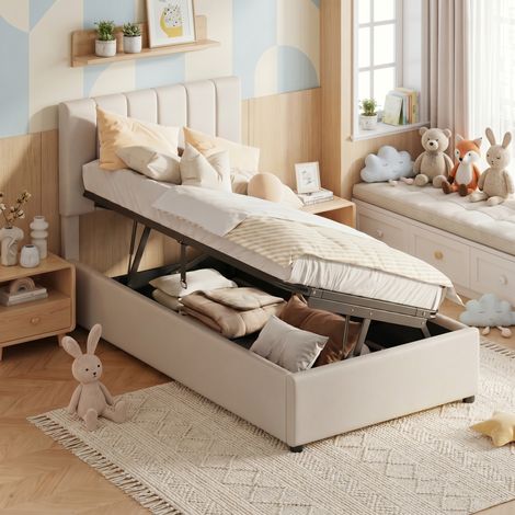 Lit Simple avec Coffre 90x200 cm - Rangement Hydraulique, Tête de Lit Réglable et Captonnée à Rayures - Métal avec Sommier à lattes - Style Moderne Enfant et Ado - beige
