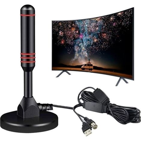 (noir)Antenne TV Intérieur Puissante TNT,360°Antenne TV Intérieure 50KM Longue Portée,High Gain VHFUVFFM DVBT2 Décodeur TNT HD Terrestre (1/5)