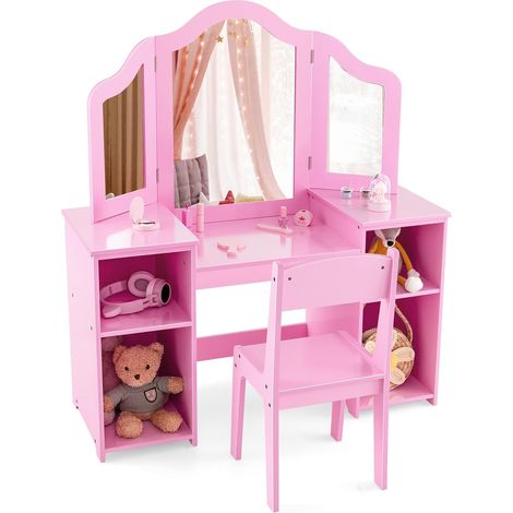 COSTWAY Set Toeletta per Bambini 2 in 1, Set Postazione Trucco in Legno con Sedia, Specchio a 3 Ante Rimovibile e 4 Scomparti, per Bambini 3+ Anni (Rosa)