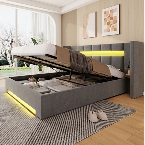 Letto imbottito moderno in velluto grigio scuro 160x200 cm con testiera extra larga, USB, LED e contenitore idraulico