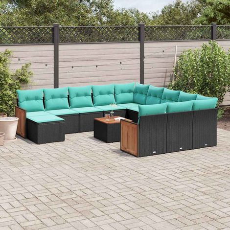 Ensemble canapé de jardin 13 pièces en rotin PE noir avec coussins bleus - PANGIVO (1/5)