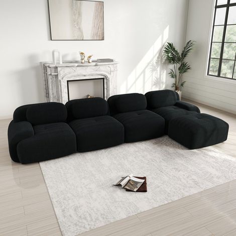 Divano ad angolo a 4 posti con chaise longue - Divano modulare 388x178 cm e schiuma ad alta densità - in velluto a coste nero