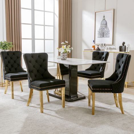 Sedia da pranzo in velluto nero e oro, 50,5 x 45 x 95 cm, con schienale decorativo HAVRYA (1/5)