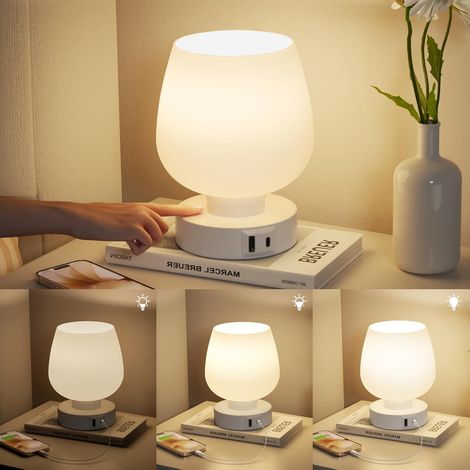 Lampada da comodino touch, lampada da scrivania con porte di ricarica USB-A+C, dimmerabile a 3 vie, paralume in vetro bianco, piccola lampada da tavolo con cavo per camera da letto, soggiorno, cameret (1/4)