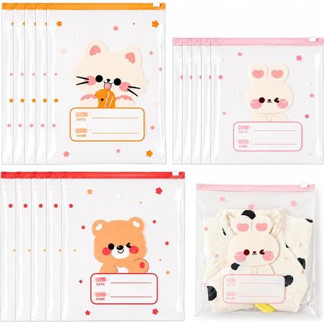 15 sacs zippés réutilisables à motifs animaux mignons pour ranger les vêtements de rechange d'enfant, adaptés à l'école maternelle et aux voyages, cadeau pratique : 5 lapins, 5 ours roses, 5 chats ros (1/5)