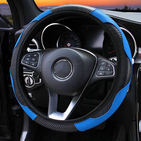 Housse de volant de voiture en Fiber de carbone, 38CM, manchon de poignée élastique, antidérapant, noir, bleu