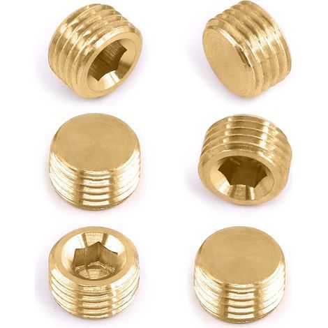 6 pièces 1/4" Raccord de tuyau en laiton NPT, ensemble de bouchons de tuyau filetés mâles à six pans internes en laiton (1/5)