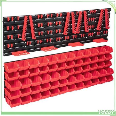 Kit de bacs de rangement avec panneaux muraux - 150815 - 60 bacs empilables - Rouge et noir - Plastique (1/5)