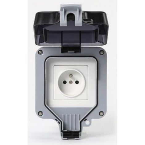 Prise étanche IP66 avec terre 2P+T 16A complète avec volet, pour pose en apparent, gris (1/2)