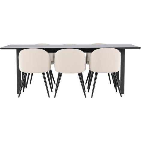Oslo Essgruppe Esstisch 100x220cm schwarz und 6 Skagen Stuhl velour beige.