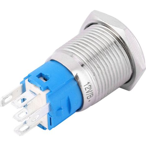 Flacher, runder Metall-Druckknopf mit blauem LED-Ring und Betriebssymbol, selbstrückstellend, 16 mm, 12 V