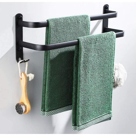 Toallero de baño, negro, adhesivo, para pared, ideal para ducha y cocina. Barras impermeables para puerta con ganchos dobles, 40 cm. (1/5)