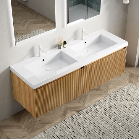 Badezimmer-Waschtisch mit integriertem rechteckigem Resin-Becken, LED-Soft-Close-Schubladen, Eichenoptik, Weiß (1/5)