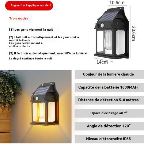 Applique murale solaire extérieure avec détecteur de mouvement, lampe LED d'ambiance à lumière chaude pour jardin terrasse et entrée, étanchéité IP65 (1/4)