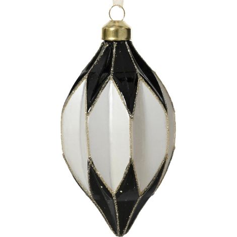Kaemingk – Boule de Noël à facettes, forme losange noire et blanche, paillettes dorées – Verre, Ø 8 cm