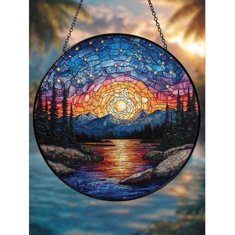 Attrape-soleil en vitrail coucher de soleil et montagnes, décoration fenêtre 15cm (1/5)