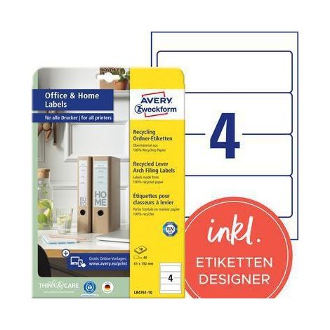 Avery Zweckform LR4761-10 — Etiquettes pour classeur 61×192 mm, papier recyclé blanc adhésif permanent, lot de 40 (1/5)