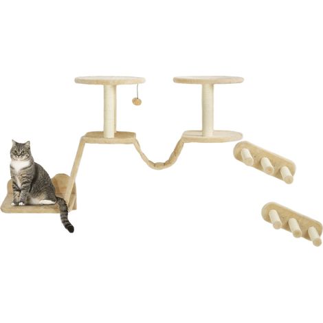 Katzen Kletterwand Set, 3-teilig Katzenmöbel mit Kratzbaum, Sitzstangen, Leiter, Stufen, Kratzbrett, für Katzen bis 5 kg, Sisal, Beige