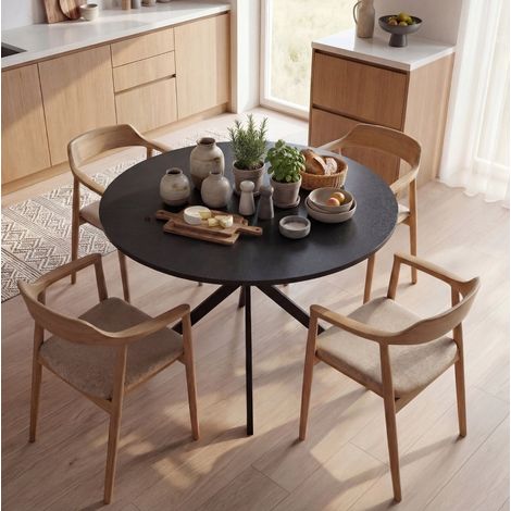 Mesa de comedor redonda para 4 personas, estilo industrial, patas de acero, madera negra (1/5)