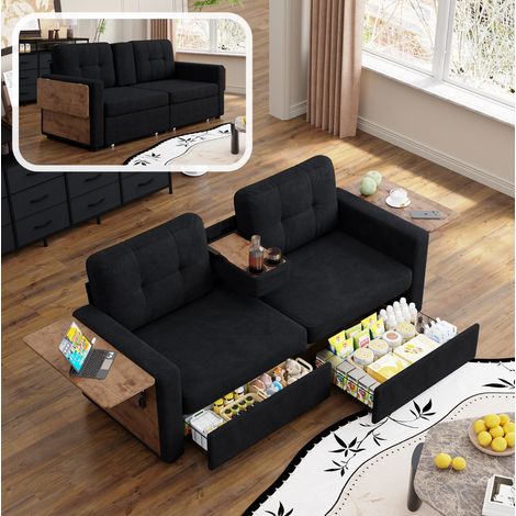Canapé convertible 2 places en tissu noir avec 2 tiroirs de rangement, tablettes laptop réglables et porte-gobelets, pour salon moderne et petits espaces CHICFURN (1/5)