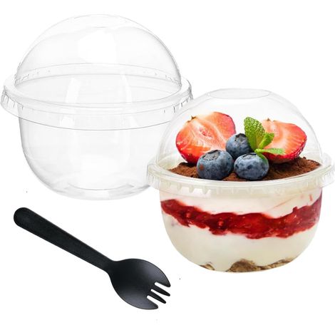Lot de 50 tasses à dessert,250 ml,plastique PET,couvercle dôme,cuillères noires,pour fêtes et mariages