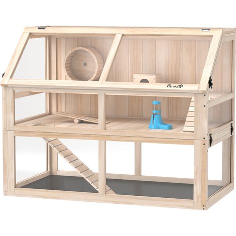 Cage en bois pour hamster, 3 niveaux, cage pour rongeurs, cage pour petits animaux avec bascule, roue de exercice et cabane, 95 x 53 x 76 cm, bois naturel (1/5)