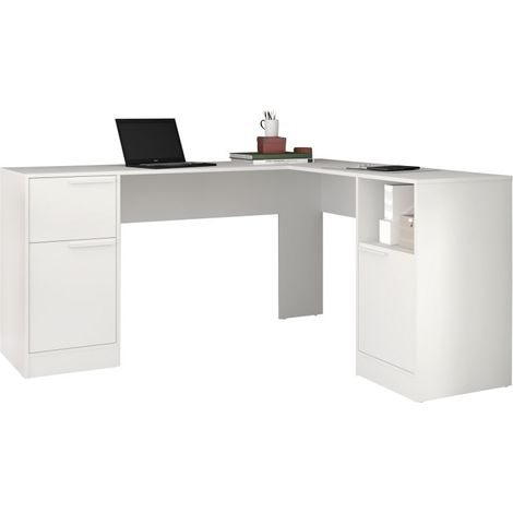 Beaux Meubles Pas Chers – Bureau d'angle blanc 2 caissons – 2 portes, 1 tiroir, 1 niche – Dimensions L 160 x H 78.5 x P 134.5 cm – Bois certifié FSC (1/5)