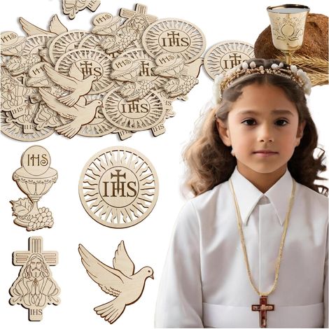 Morceaux de bois pour la communion, assortiment de 50 pièces : hostie, croix, calice, colombe (1/5)