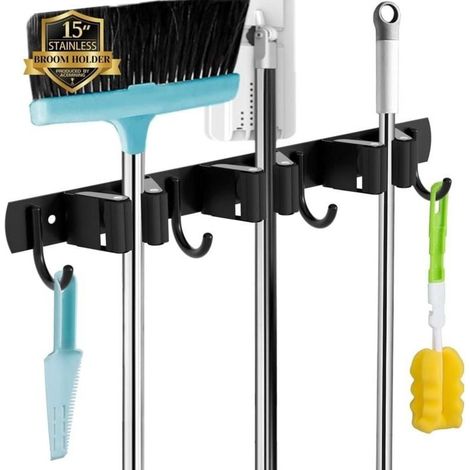 Accroche Balai Mural, 3 Supports + 4 Crochets Noir Porte Balais Mural, Support Balais Mural, Porte Balais Mural Sans Percage, Rangement Balai, Attache Balai Mural (1/4)