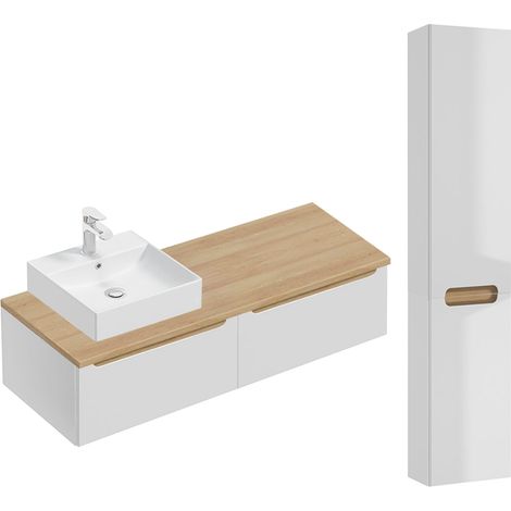 Ensemble meuble simple vasque 120cm 2 tiroirs et colonne Livia Blanc et Bois (1/5)