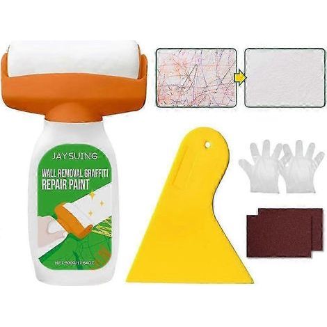 Pinceau à rouleau pour la réparation des murs. peinture murale blanche à séchage rapide 500 g avec grattoir. gants de ponçage. kit de réparation pour graffitis. rayures et taches (1/5)