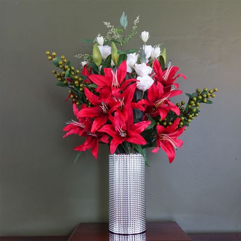 80cm Artificial Red Lily Arrangement Silver Glass Vase (1/5)