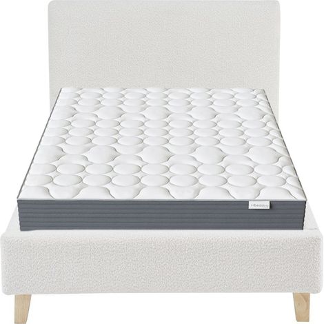 Ensemble Lit adulte 140x190cm avec tête de lit en velours beige - Milo + Matelas mémoire de forme - Memo HR (1/4)