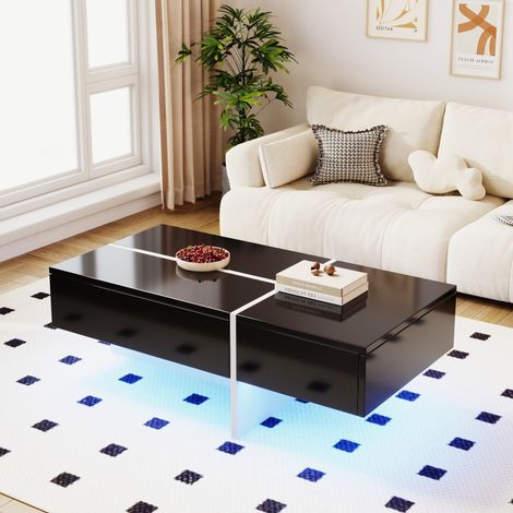 Mesa de centro - 100 x 50 x 34,5 cm - Efecto mármol - Iluminación LED controlable mediante app - 3 cajones con apertura por presión - Estilo moderno - Negro de alto brillo (1/5)