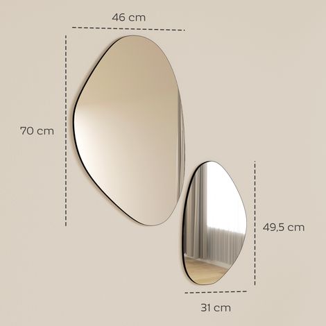 Ensemble de 2 miroirs muraux, 70 x 46 cm et 49,5 x 31 cm, miroir fenêtre avec cadre en métal, miroir suspendu en forme de galet, noir (1/5)