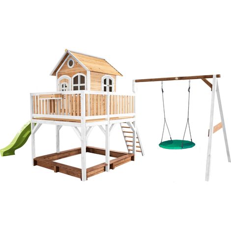 Axi Liam Maison Enfant Avec Bac À Sable, Balançoire Nid D’Oiseau Vert & Toboggan Vert Clair  Aire De Jeux Pour L'Extérieur En Marron & Blanc  Maisonnette / Cabane De Jeu En Bois Fsc