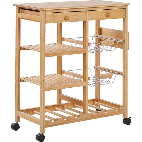 Carrello da Cucina in Legno Chiaro Stile Boho con 3 Ripiani Morino