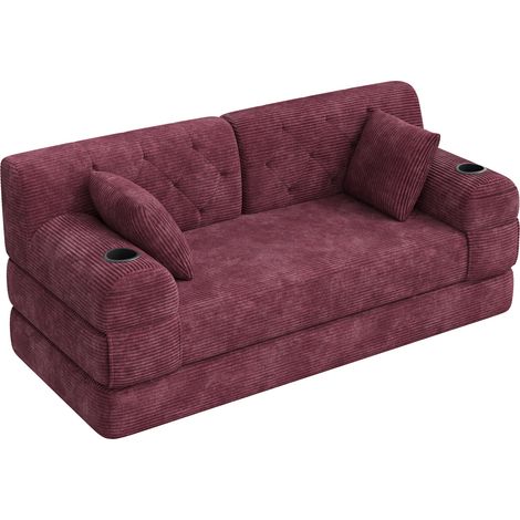Divano letto 2 posti in velluto a coste, schienale alto, metallo, schiuma, rosso vino (1/5)