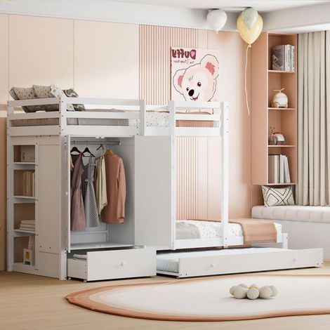 Lit superposé enfant - SOGEU - 90x200 - Bois massif - Tiroirs et armoire intégrés - Gris/Blanc (1/5)