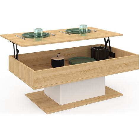 Idmarket – Table basse relevable rectangulaire en bois clair et blanc – Dimensions 110x60x40/53 cm – Système de rangement intégré – Design moderne