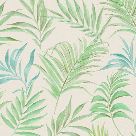 Carta da parati natura Profhome 791084 Carta da parati TNT goffrata a caldo strutturata con ornamenti floreali scintillante crema verde blu-turchese 5,33 m2