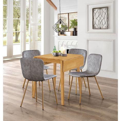 Hallowood Furniture Ledbury Drop Leaf Table and Chairs, Light Oak Kitchen Table and Chairs Set 4 in Taupe Faux Leather and Oak Effect Metal Legs, Space-Saving Dining Set for Home or Café (1/5)