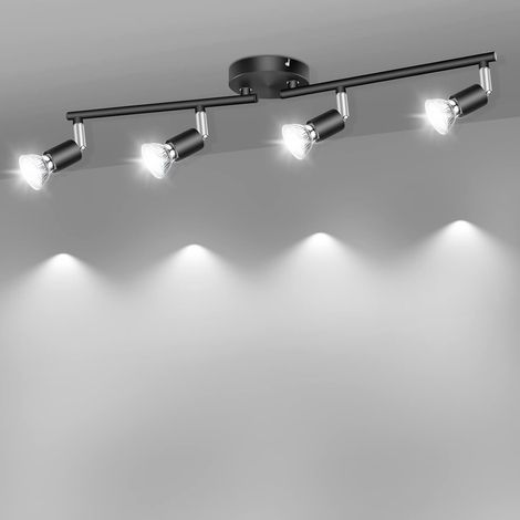 Plafonnier LED - 4 Spots Rotatifs - Montage Plafond ou Mur - Culot GU10 - Noir - Pour Cuisine Chambre Salon