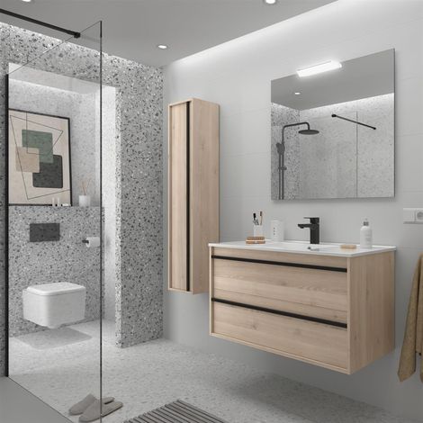 Meuble + lavabo ATTILA 1000 2 tiroirs NATUREL (1/2)