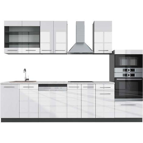 Küchenzeile Fame-Line, Weiß Hochglanz/Anthrazit, 300 cm mit Hochschrank, AP Marmor, Vicco
