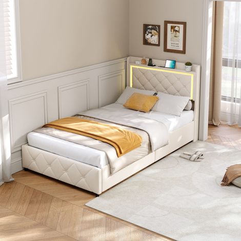 JOOKGBD-Polsterbett 90x200 cm mit 2 Schubladen,Doppelbett Stauraumbett mit LED und USB,Jugendbett,Bettgestell mit Lattenrost,Verstellbares Kopfteil,Multifunktionales Bett,Samt,Ohne Matratze,Beige